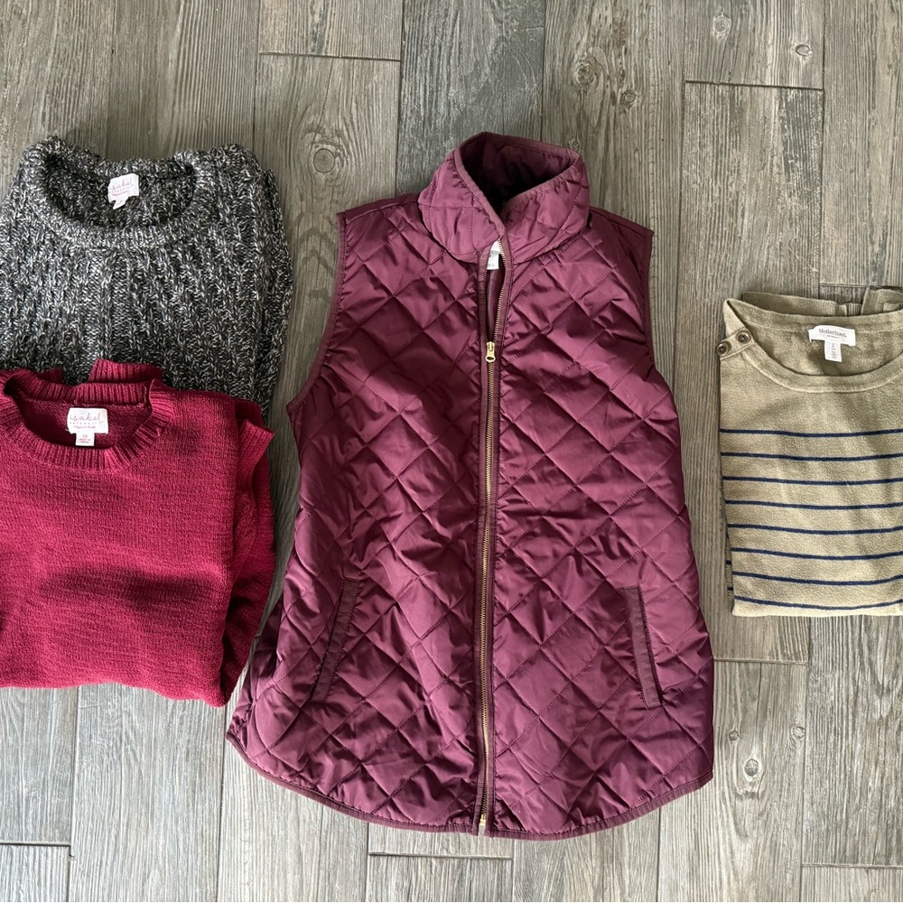 Maternity sweaters and quilted vest